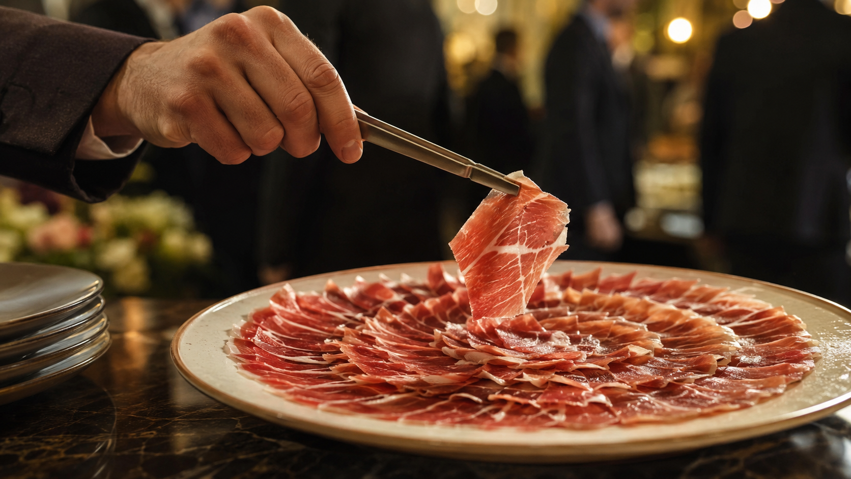 Presentación cuidada de jamón ibérico en un evento